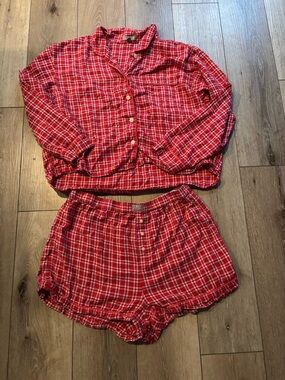 J.Crew flannel pajama short set in a red plaid pattern.